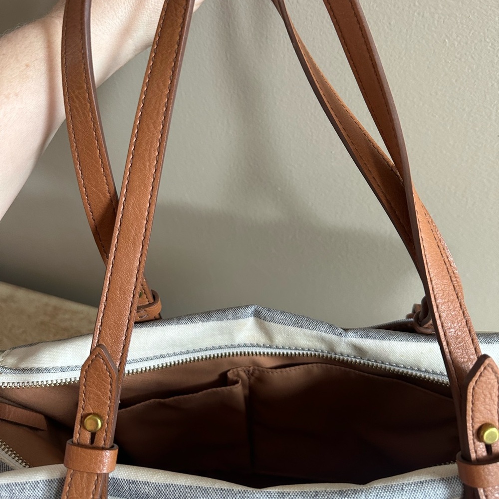 Fossil Blue and White Striped Tote with Brown Leather Straps - Picture 9 of 10